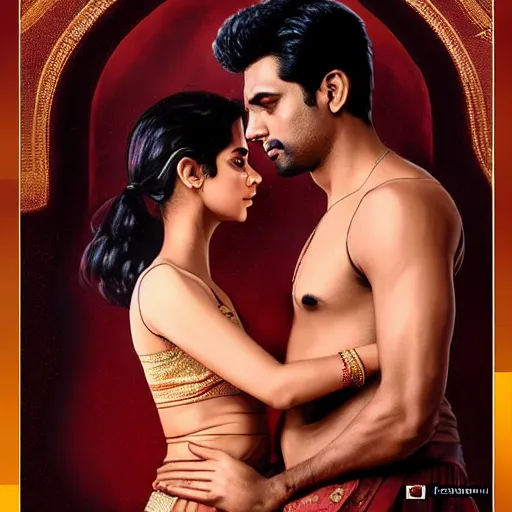 Prompt: perfectly centered bollywood movie promotional poster of anatomically correct hero and heroine romantic pose, faces symmetrical, modelling photography ; real life portrait ; ultra realistic, high coherence, intricate, hdr, highly detailed, photorealistic, octane render, 8 k, unreal engine ; art by artgerm, greg rutkowski, charlie bowater, alphonse mucha