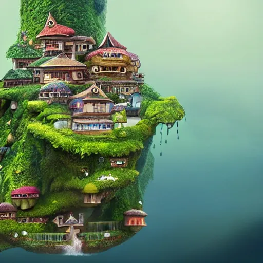 Image similar to waterfall village shaped like a frog, by benoit mandelbrot, filip hodas, vincent callebaut, mike campau and studio ghibli