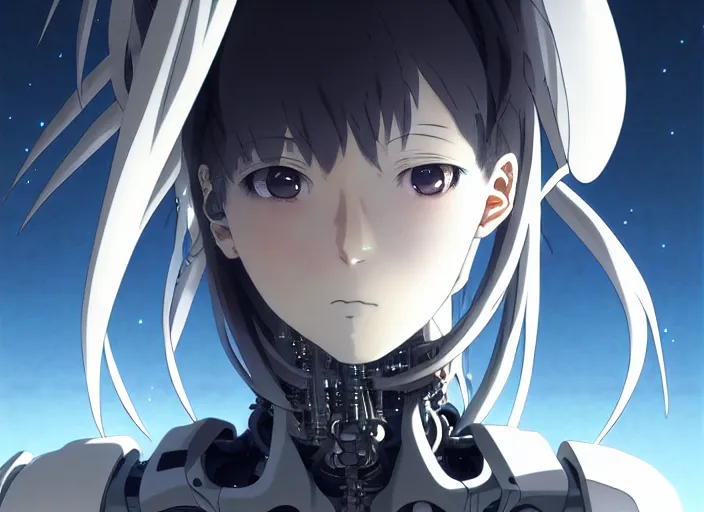 Image similar to a anime portrait of a cyborg woman, finely detailed features, closeup at the face, sharp focus, aesthetically pleasing art, night time city background, cinematic lighting, highly detailed, intricate, smooth, anime!! artstation, trending on pixiv fanbox, painted by greg rutkowski and studio ghibli and yoji shinkawa and hayao miyazaki,