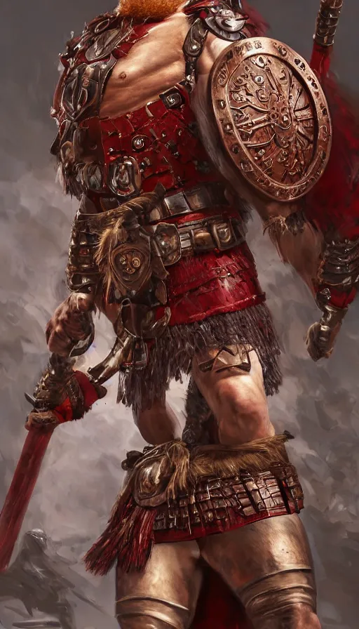 Image similar to bulky muscular scottish warrior with red hair and a kilt, tribal blood red war paintings on his chest, bronze plate armor, 4 k oil on linen by wlop, artgerm, andrei riabovitchev, nuri iyem, james gurney, james jean, greg rutkowski, highly detailed, soft lighting 8 k resolution