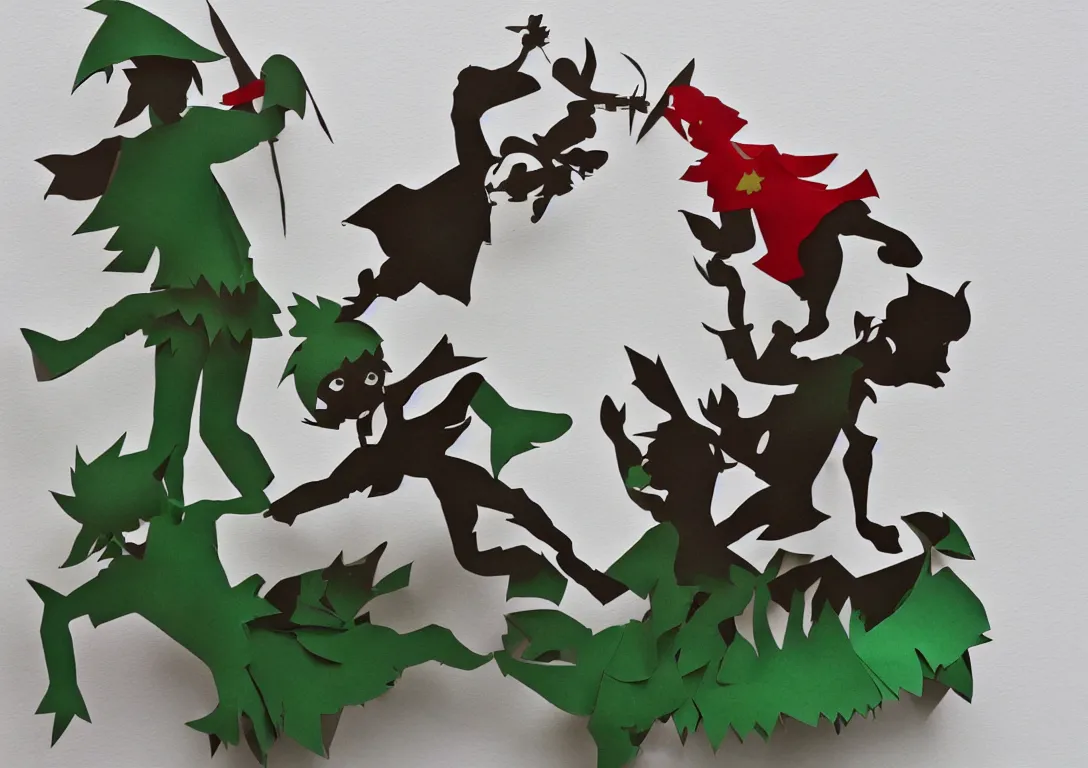 Image similar to a simple cut paper sculpture of peter pan and captain hook