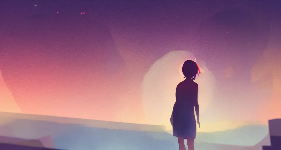 Prompt: Girl on a window pane watching the Saturn sunset in the twilight, volumetric lighting, watercolor, glowing lights, 4k, octane, digital painting, pixiv, by Aenami