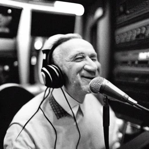 Prompt: radio broadcaster Ronald Mcdonald wearing headphones with microphone in studio