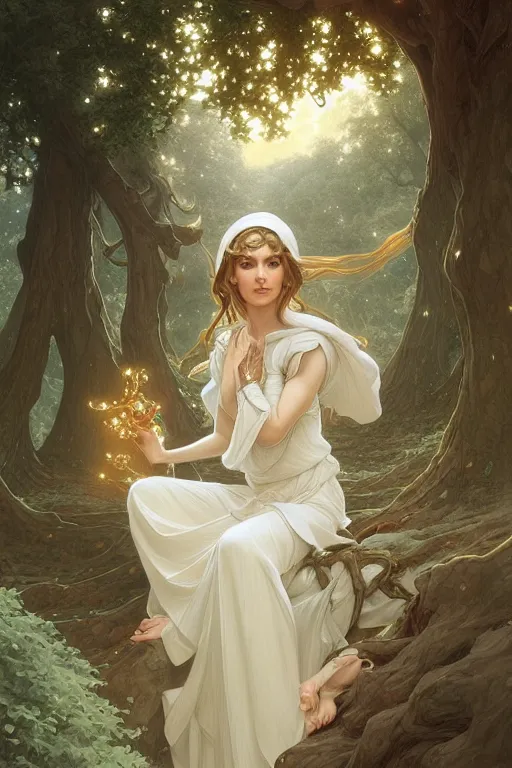 Prompt: painting of elf in front of a white oak, decorated, intricate, elegant, highly detailed, digital painting, artstation, concept art, smooth, sharp focus, illustration, art by artgerm and greg rutkowski and alphonse mucha, 8 k
