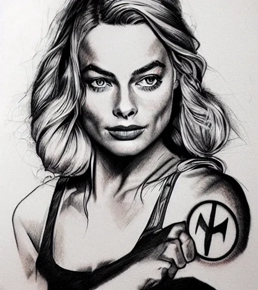 Image similar to mash up tattoo sketch of margot robbie with beautiful mountain scenery, in the style of arlo dicristina, hyper realism, amazing detail, sharp