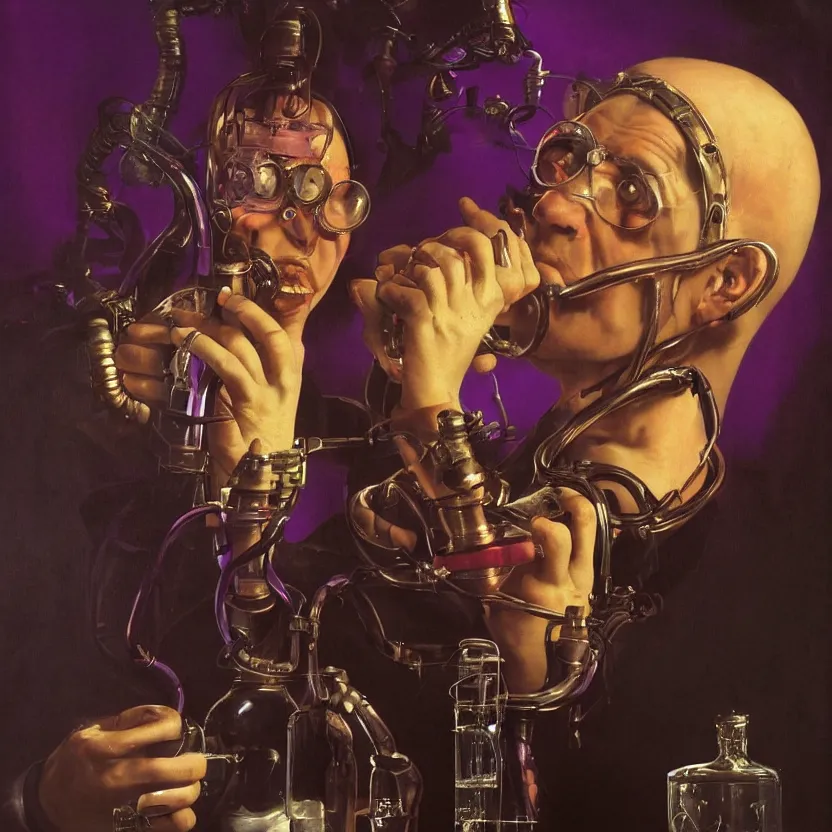 Prompt: a baroque neoclassicist close - up portrait of a retrofuturistic evil mad scientist experimenting in a dark laboratory with purple lightning. renaissance portrait painting. highly detailed science fiction painting by norman rockwell, frank frazetta, and syd mead. rich colors, high contrast, gloomy atmosphere, dark background. trending on artstation