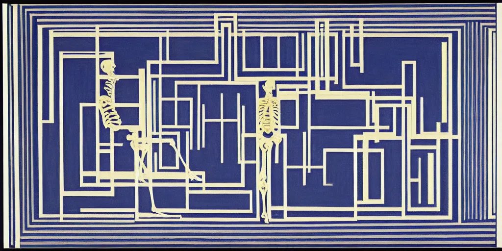 Prompt: blueprint for a woman's skeleton, josef albers, brushstrokes, white lines, oil painting