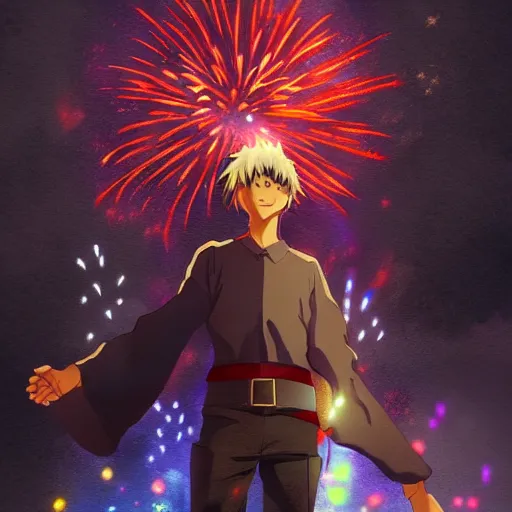 Image similar to portrait of a boy with fireworks in his foot, anime fantasy illustration by tomoyuki yamasaki, kyoto studio, madhouse, ufotable, trending on artstation