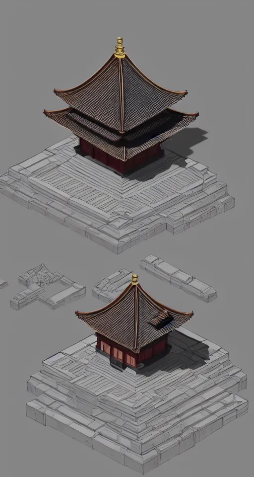 Image similar to geometric design isometric japanese temple with full blood-moon behind the top, trending on artstation, 3D render, unreal engine 5