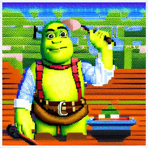 Prompt: expensive pixel work, dithered masterpiece, pixel art shrek fishing on a sailboat