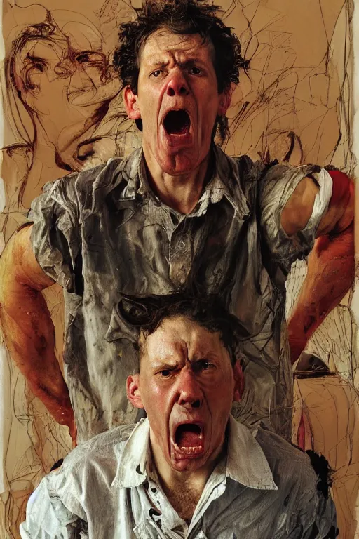 Image similar to portrait of one enraged man, part by Jenny Saville, part by Lucian Freud, part by Norman Rockwell