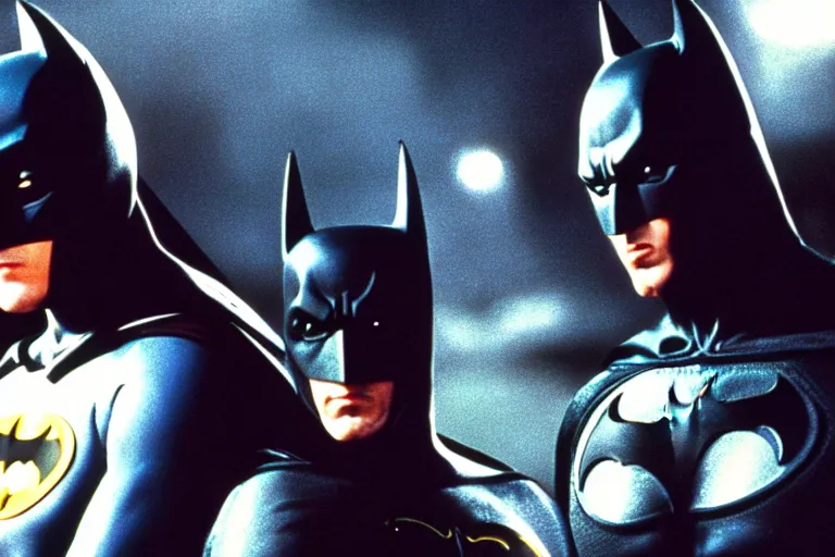 Image similar to Michael Keaton Batman from 1989 meets Ben Affleck Batman from the modern DCEU, ultra realistic, 4K, movie still, UHD, sharp, cinematic