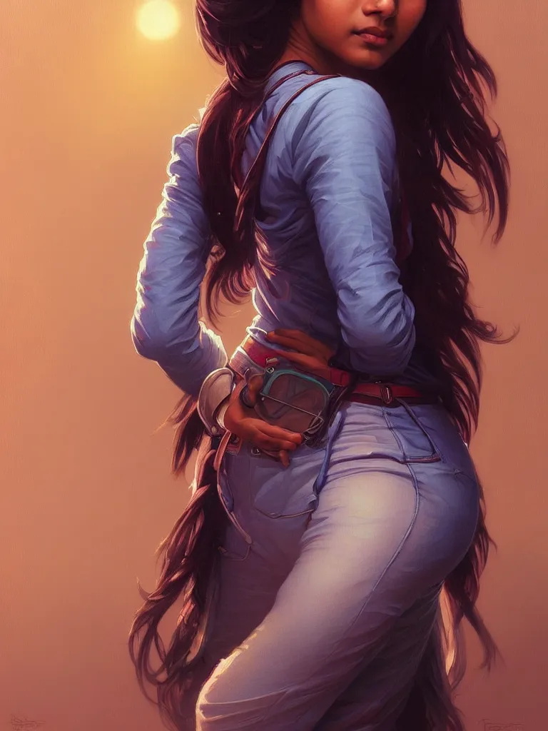 Image similar to Anxious pretty young Indian doctor wearing jeans leaving a plane, portrait, sci-fi face, elegant, highly detailed, digital painting, artstation, concept art, smooth, sharp focus, illustration, art by artgerm and greg rutkowski and alphonse mucha