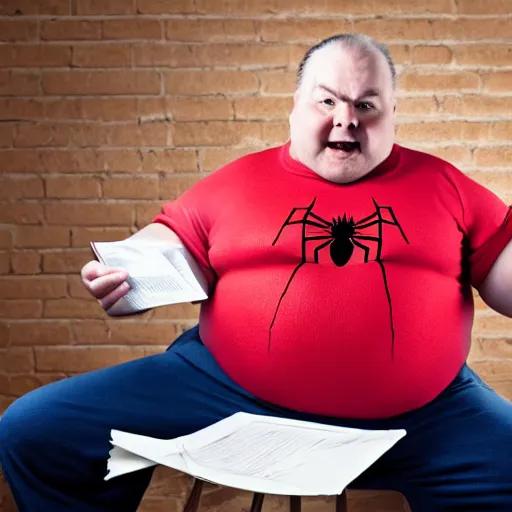 Prompt: portrait photo of old, fat spiderman doing taxes