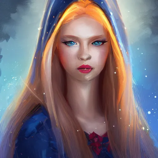 Prompt: A Character Card portrait of a beautiful young female face by Julia Razumova. She has perfect white skin like silk. She has blonde hair and stunning blue eyes. She has pretty lips and she wears a dark hood over her hair. blue crystal shards illuminated by orange fireflies as background. trending on artstation