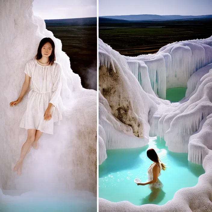 Prompt: Kodak Portra 400, 8K, soft light, volumetric lighting, highly detailed, britt marling style 3/4 ,portrait photo of Kasumi Arimura, the face emerges from Pamukkale, thermal waters flowing down white travertine terraces, inspired by Ophelia paint , a beautiful lace dress and hair are intricate with highly detailed realistic beautiful flowers , Realistic, Refined, Highly Detailed, natural outdoor soft pastel lighting colors scheme, outdoor fine art photography, Hyper realistic, photo realistic