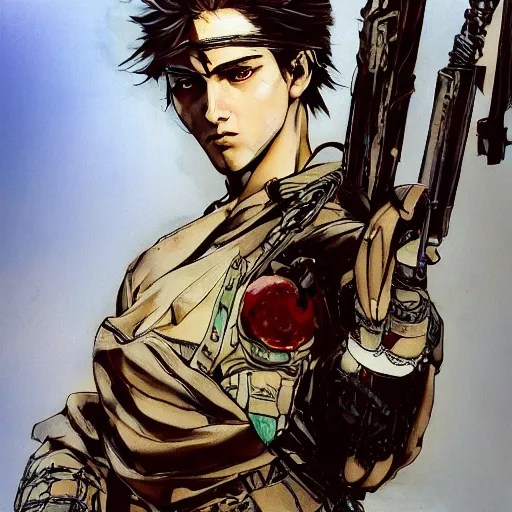 Prompt: full portrait of a young white hero using his right arm to hold his sword covering his eye by yoji shinkawa, high quality, extra details, realism, ornate, colored, golden chain, blood, white skin, short hair, brown eyes, vivid, sunlight, dynamic, american man, freedom, white american soldier, painting, cybernetics, military