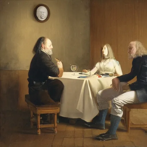Image similar to The photograph depicts two people, a man and a woman, sitting at a table. The man is looking at the woman with a facial expression that indicates he is interested in her. The woman is looking at the man with a facial expression that indicates she is not interested in him. There is a lamp on the table between them. by Hendrik Kerstens, by Clyde Caldwell melancholic