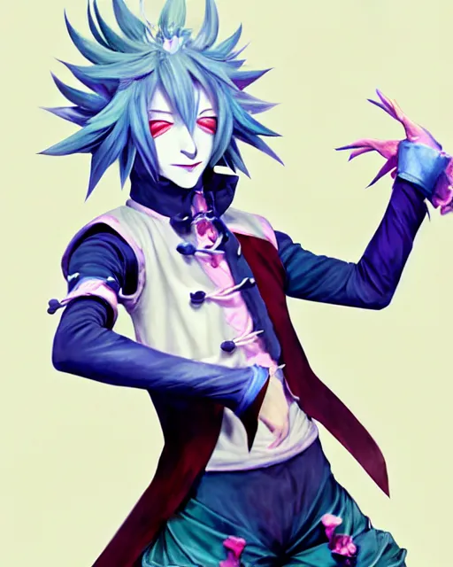 Image similar to extremely attractive soft feminine male as a jester anime character screenshot, nagito komaeda and hisoka jester, anime feminine male fool, intricate, sharp focus, illustration, highly detailed, digital painting, cell shaded, concept art, matte, art by ilya kuvshinov and kyoto animation and wlop, ruan jia, greg rutkowski, studio quality