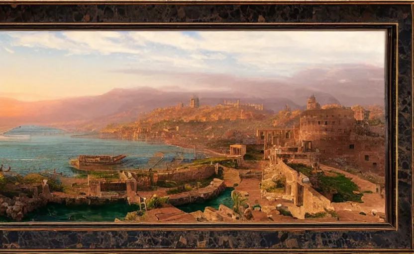 Image similar to large roman port city with a castle on a hill overlooking the ocean, at dusk, distant mountains, 4k, rule of thirds, extreme detail, hazy water, intricate ink illustration, trending on artstation, cgsociety, hd, calm, complimentary colours, realistic lighting, by Albert Bierstadt, Frederic Edwin Church.