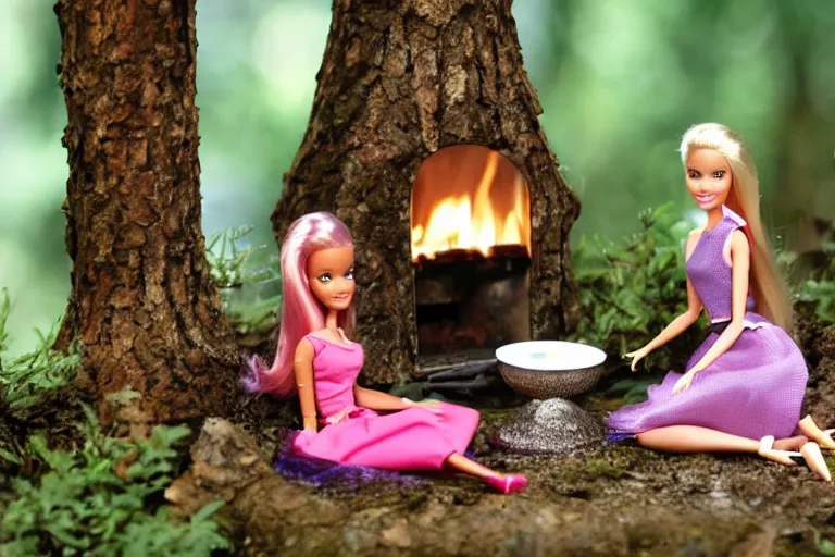 Image similar to Barbie and Ken sitting in the forest near the fireplace, Ken's face is melting, night, high-resolution photo,