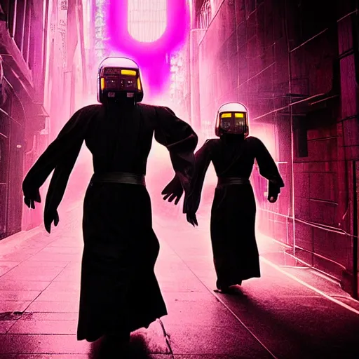 Image similar to electric warrior monks, robed, cyberpunk cathedral, special effects, neon, cyberpunk, realistic, cinematic style, visually stunning, 35mm, film post process