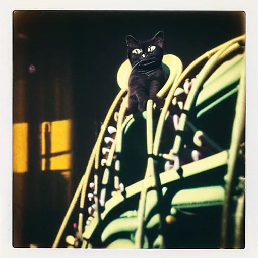 Image similar to black cat in a rollercoaster. the cat is enjoying the ride. sunlight. polaroid photo. saturated colors.