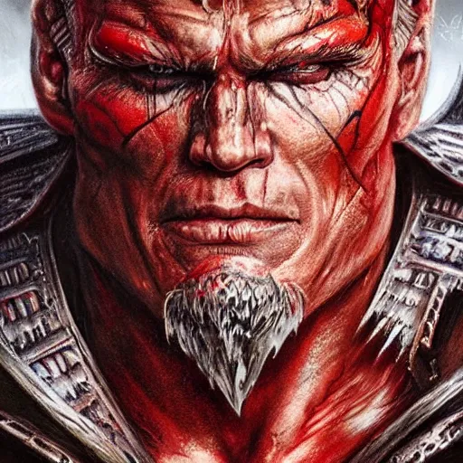 Image similar to closeup portrait shot of dolph lundgren as khorne, the blood god, lord of skulls, kharneth, battle, rage, highly detailed, digital painting, artstation, concept art, soft focus, depth of field, artgerm, tomasz alen kopera, peter mohrbacher, donato giancola, wlop, boris vallejo