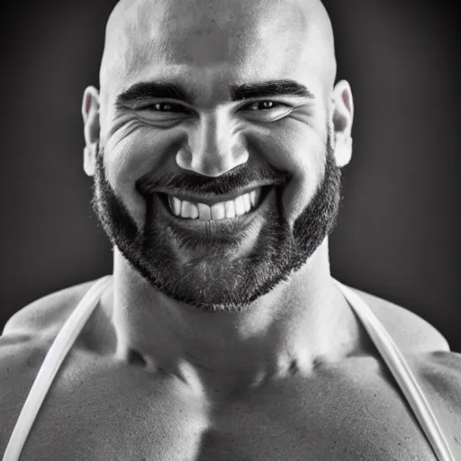 Image similar to Black and white photography of a very muscular shrek smiling with a chiseled jawline and trimmed beard