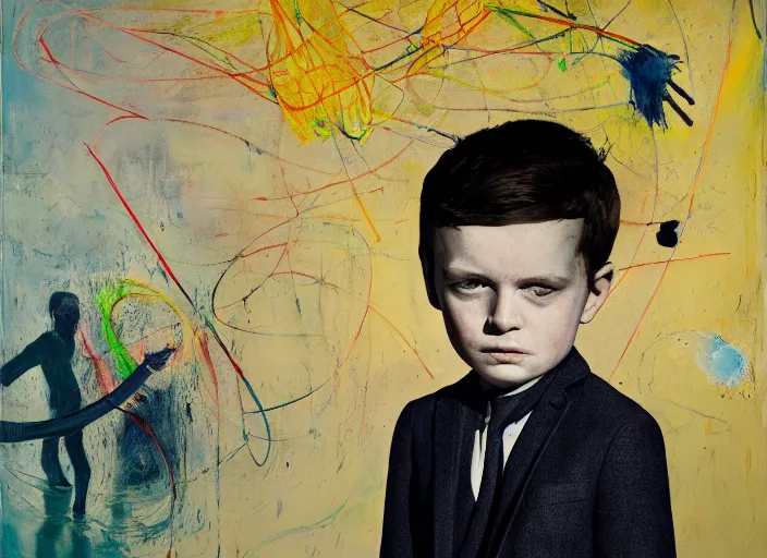 Prompt: portrait of a child wearing a suit, vincent lefevre and hernan bas and pat steir and hilma af klint, psychological, photorealistic, dripping paint, washy brush, rendered in octane, altermodern, masterpiece