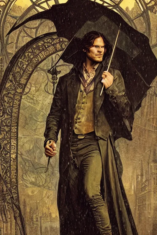 Image similar to a detailed tarot card of jared padalecki in a supernatural sherlock holmes story, 1 8 th century london in the rain, city streets, ominous, masterpiece, 8 k, art by alphonse mucha and greg rutkowski