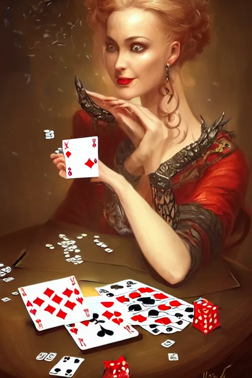 Image similar to very happy female magician looking the table full of playing cards, fantasy, intricate, elegant, highly detailed, digital painting, artstation, concept art, addiction, chains, smooth, sharp focus, illustration, art by ilja repin