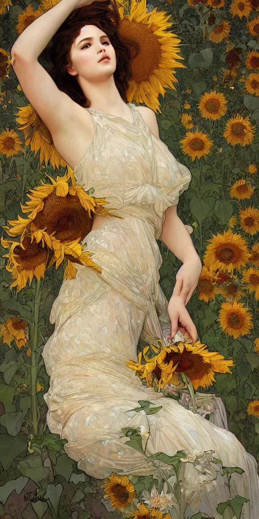 Image similar to a girl in an artistic resting pose covered in lace intricate translucent loosen cloths surrounded by beautiful sunflowers and meadows, highly detailed digital by artgerm, wlop, by alphonse mucha painting