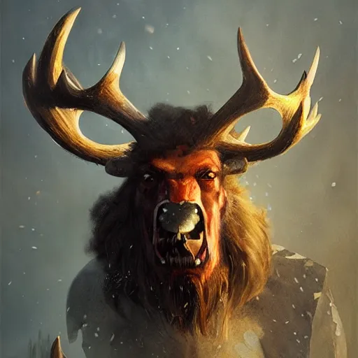 Image similar to hairy barbarian wearing moose head by greg rutkowski