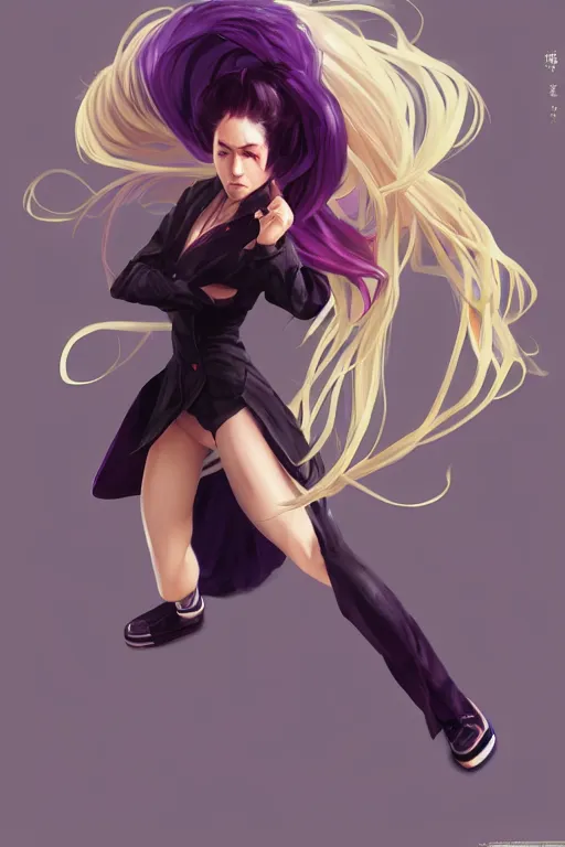 Prompt: fighter anime girl with purple eyes, long blonde hair wearing a tuxedo in a fighting stance, digital painting, artstation, concept art, soft light, hdri, smooth, sharp focus, illustration, art by tian zi and craig mullins and WLOP and alphonse mucha