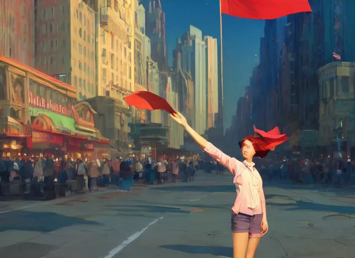 Image similar to gorgeous inspiring girl enthusiastically waving a red flag over her head to lead people in a Mandelbrot fractal bustling utopian NY by Craig Mullins, ilya kuvshinov, krenz cushart, artgerm trending on artstation by Edward Hopper and Dan Mumford and WLOP and Rutkovsky, Unreal Engine 5, Lumen, Nanite, low poly