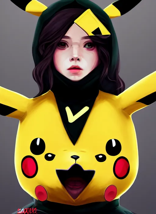 Image similar to a portrait of a girl in pikachu kigurumi, grim - lighting, high - contrast, intricate, elegant, highly detailed, digital painting, artstation, concept art, smooth, sharp focus, illustration