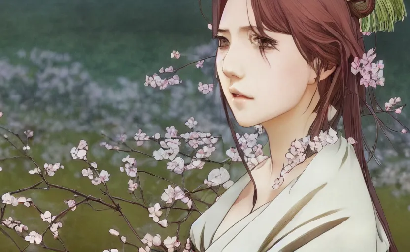 Prompt: side portrait of a girl walking, sakura tree in background, yukata clothing, battlefield in background, anime style, shoulder eyes, hair down, symmetrical facial features, from arknights, hyper realistic, 4 k, extreme detail, detailed drawing, trending artstation, realistic lighting, by alphonse mucha, greg rutkowski, sharp focus, backlit