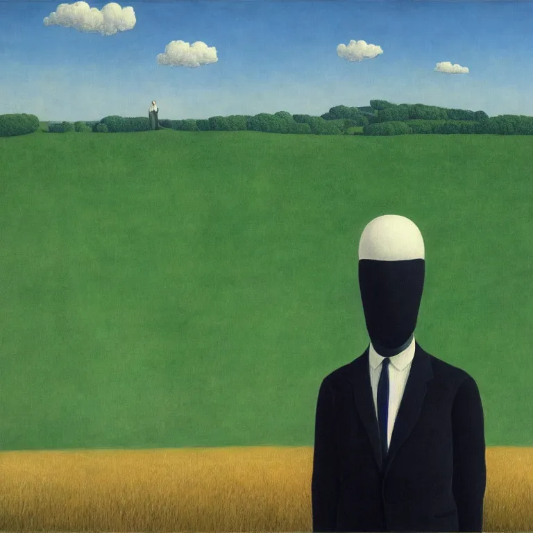 Prompt: portrait of a faceless white masked - head man in a suit, clouds and nature landscape in the background, by rene magritte, detailed painting, distance, centered, hd, hq, high resolution, high detail, 4 k, 8 k