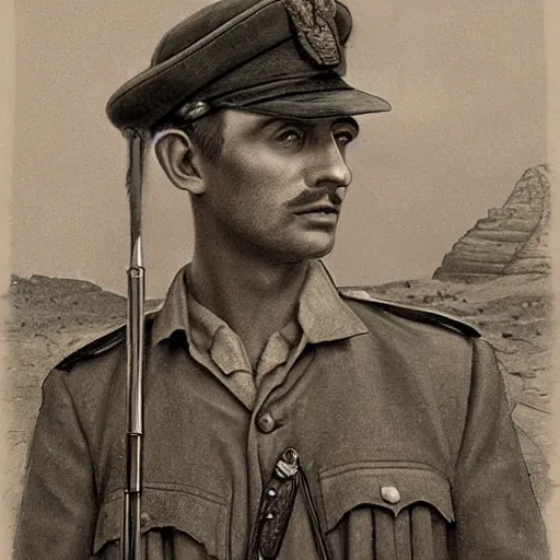 Prompt: a detailed photorealistic sepia - toned color portrait painting of a 1 9 1 7 worried clean - shaven british lieutenant in field gear from the arab bureau in wadi rum, ultra realistic, intricate details, atmospheric, dark, brooding, highly detailed, by clyde caldwell