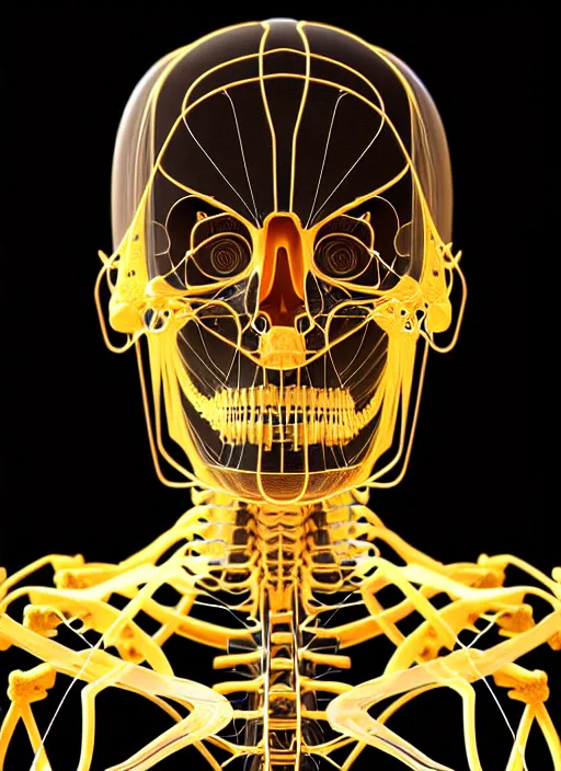 Prompt: parametric mechanical skeleton with human face, wires, glowing internal light, hyperdetailed, by alex grey, intricate linework, faberge, intricate gold linework, dark atmosphere, unreal engine 5 highly rendered, global illumination, radiant light, detailed and intricate environment