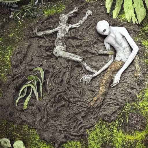 Image similar to Enigmatic Slender Man with Mud and Moss over his skin and plants growing on him is kneeling in a dirty pond, Photorealistic, Sunlight, Creepy, Nature, Hyperrealism, Hyperdetailed