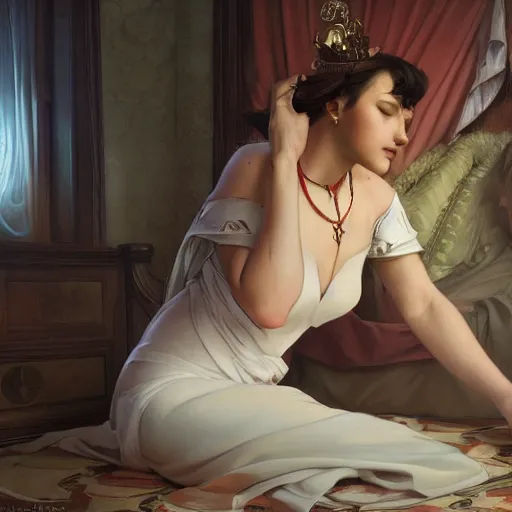 Image similar to photography of a pope making touching a sensual woman in a bedroom, deep focus, intricate, elegant, highly detailed, digital painting, artstation, concept art, matte, sharp focus, illustration, art by artgerm and greg rutkowski and alphonse mucha