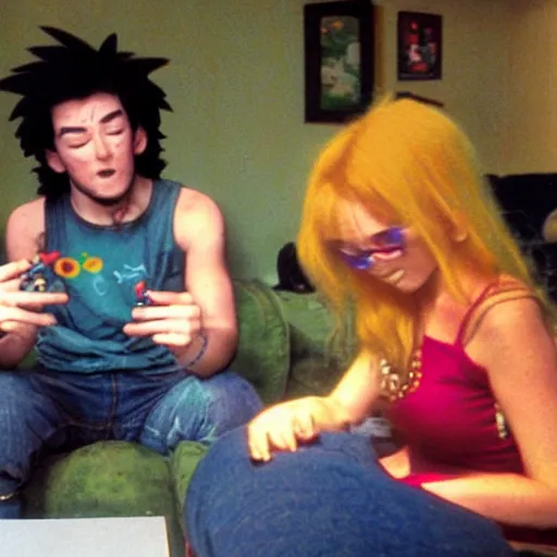 Image similar to scottish hippy being forced to watch dragon ball z, crt television, eyes kept open, not allowed to blink, the girlfriend eagerly explains the convoluted plotline