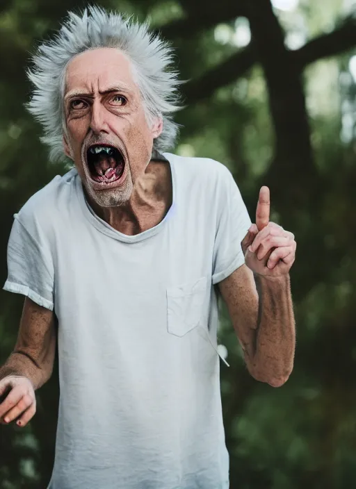 Image similar to portrait photo still of real life rick and morty character rick sanchez, 8 k, 8 5 mm f 1. 8