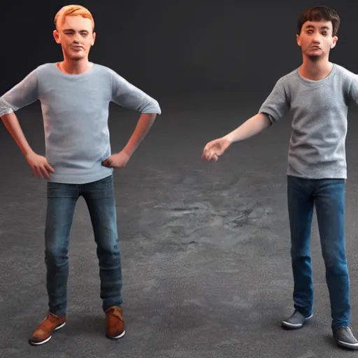 Image similar to full body unreal engine 5 render of two boys, highly detailed faces
