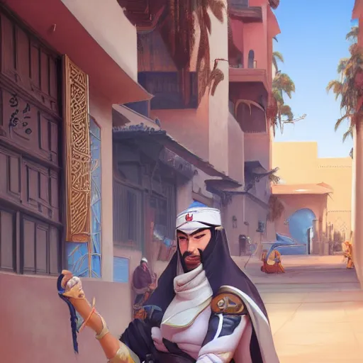 Image similar to hanzo from overwatch travels in marrakech streets, morocco, palm trees, mosque, highly detailed, digital painting, artstation, concept art, smooth, sharp focus, illustration, art by artgerm and greg rutkowski and alphonse mucha