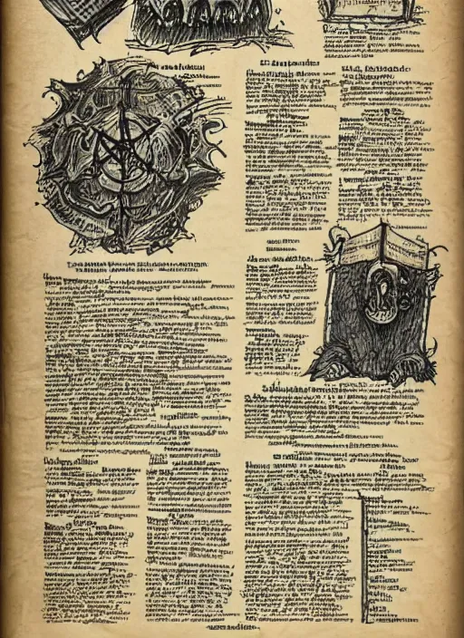 Image similar to a full page scan of detailed vintage illustrated instructions on how to raise the dead, handwritten, spells, intricate writing, satanic, evil, grimoire page, necronomicon style