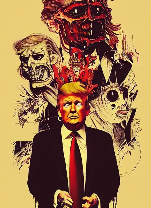 Image similar to donald trump as the villain, slasher film, grotesque, horror, high details, intricate details, by vincent di fate, artgerm julie bell beeple, 70s, inking, vintage 70s print, screen print