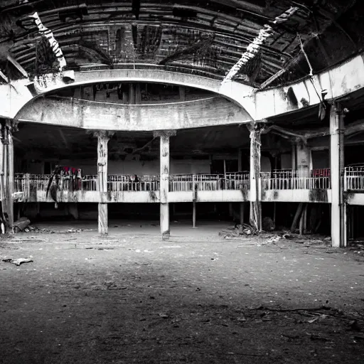 Prompt: abandoned circus, there is one person in the middle of the stage, photograph, 50mm